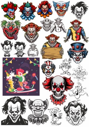 Collection of Horror and Funny Clown Vector Heads and Characters Free Vector