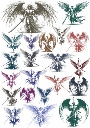 Collection of Detailed Winged Angel Figures with Swords Vector Art Free Vector