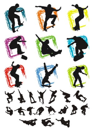 Skateboarder Silhouettes in Colorful Brush Stroke Frames and Various Poses Free Vector