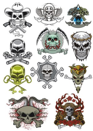 Set of 10 Detailed Vector Skull Illustrations with Various Themes Free Vector
