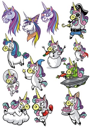 Set of Fantasy Unicorn Characters with Various Costumes and Expressions Free Vector
