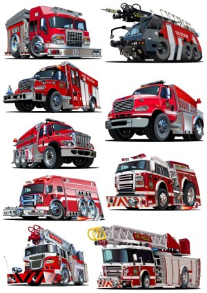 Set of Detailed Red Fire Rescue Trucks Vector Illustrations Free Vector