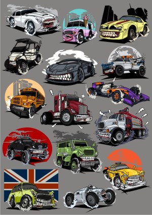 Aggressive Cartoon Vehicle Collection with Teeth Free Vector