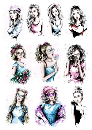Fashionable Young Women Vector Portraits Set Free Vector