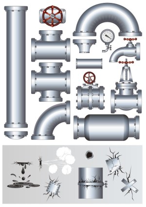 Industrial Metal Pipes and Damaged Pipe Elements Vector Set Free Vector