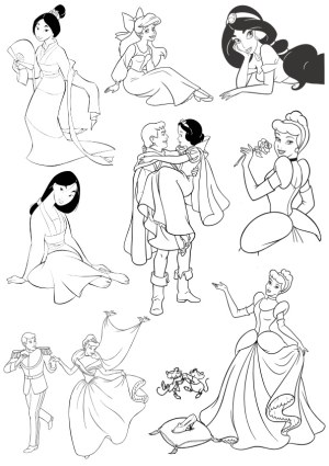 Black and White Line Art of Classic Disney-style Princesses and Princes Free Vector