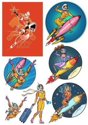 Retro Female Cosmonaut and Space Rocket Illustrations Free Vector