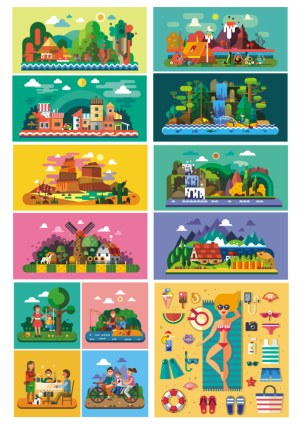 Colorful Summer Vacation and Nature Scenes Vector Set Free Vector