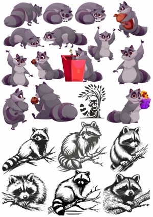 Cartoon and Ink Style Raccoon Illustrations Collection Free Vector