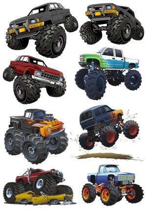 Vector Set of Colorful Monster Trucks with Large Tires Free Vector