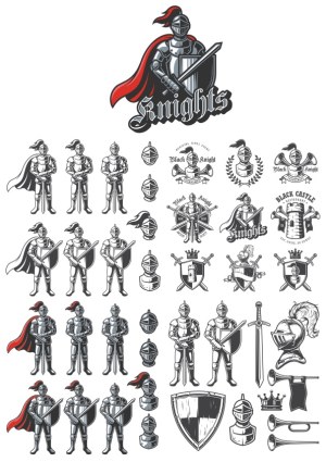 Medieval Knight and Shield Vector Set with Heraldic Elements Free Vector