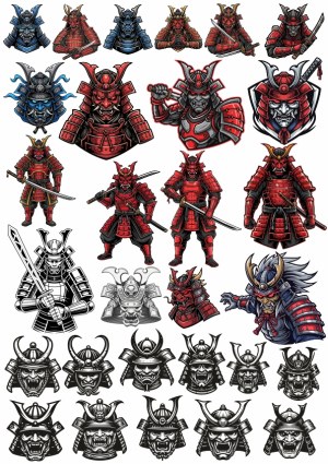 Collection of Samurai Warriors and Helmets Vector Illustrations Free Vector