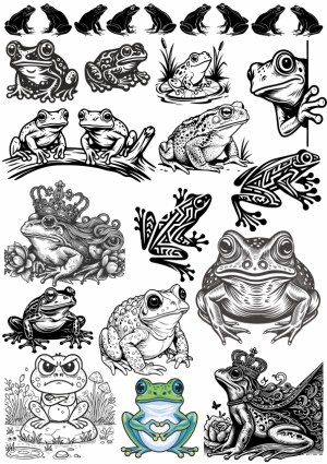 Black and White Frog and Toad Illustrations with One Colorful Cartoon Frog Free Vector