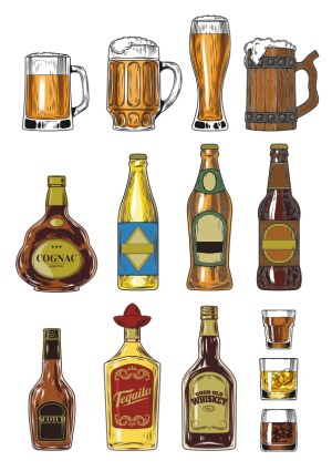 Hand-Drawn Alcoholic Beverages Collection with Glasses and Bottles Free Vector
