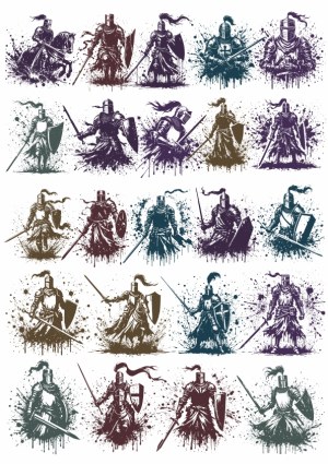 Medieval Knight Silhouettes with Splatter Effect Free Vector