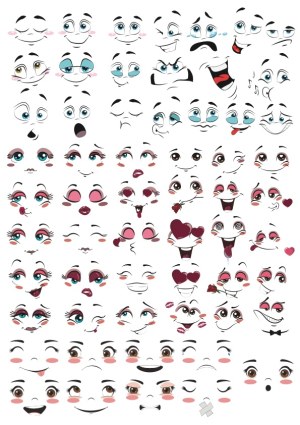 Collection of Various Cute and Expressive Cartoon Faces and Emotions Free Vector