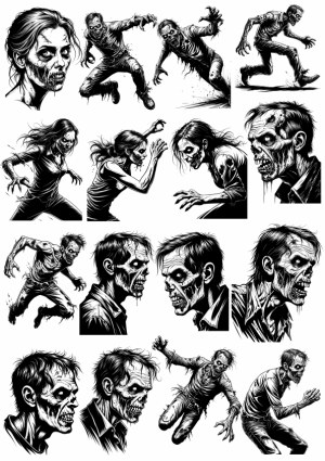 Black and White Zombie and Undead Vector Illustrations Free Vector