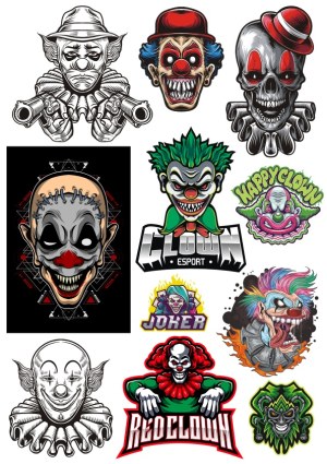 Collection of Scary and Evil Clown Vector Illustrations Free Vector