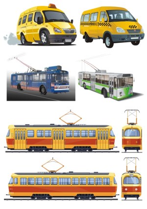 Vector Illustrations of Yellow Minibuses, Blue and Green Trolleybuses, and Orange Trams Free Vector