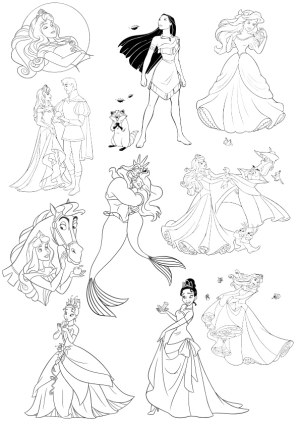 Black and White Vector Illustrations of Classic Princess Characters Free Vector