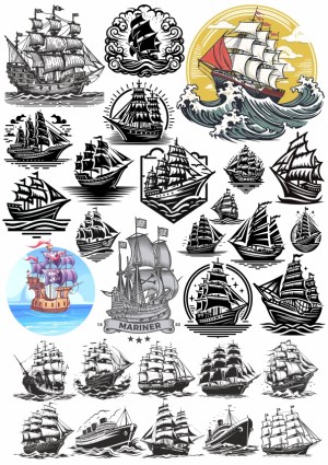 Collection of Vintage Sailing Ship and Mariner Vector Illustrations Free Vector