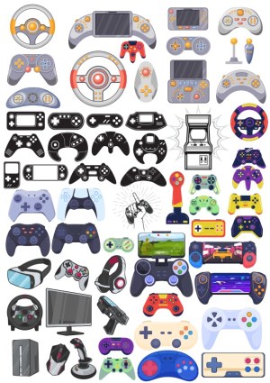 Collection of Various Gaming Controllers and Arcade Devices Vector Free Vector
