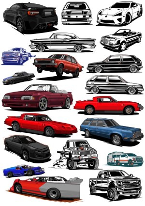 Collection of Vector Illustrations Featuring Various Car Models and Styles Free Vector