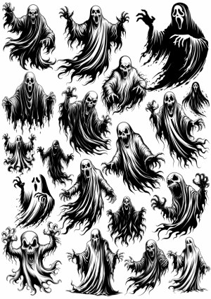 Set of Black and White Horror Ghost Vectors Free Vector