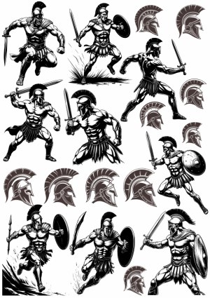 Ancient Spartan Warriors and Helmets Black and White Vector Set Free Vector