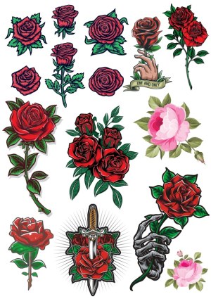 Collection of Red and Pink Rose Vector Designs with Hand and Sword Elements Free Vector