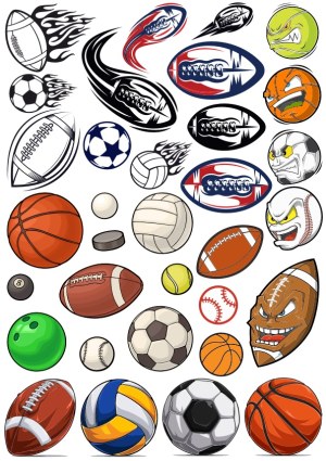 Vector Collection of Various Sports Balls with Animated Expressions and Flames Free Vector