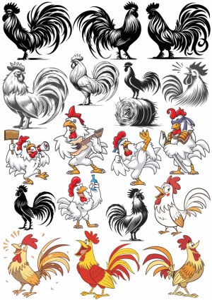 Vector Collection of Stylized Roosters and Cartoon Chicken Characters Free Vector