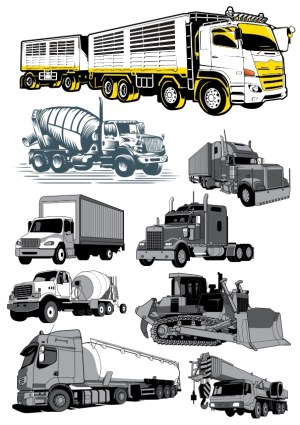 Vector Illustrations of Various Commercial Trucks and Heavy Machinery Free Vector