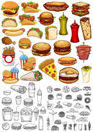 Colorful Cartoon Fast Food and Black and White Food Icon Set Free Vector
