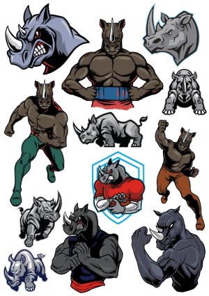 Collection of Muscular Anthropomorphic Rhino Characters and Rhino Heads Free Vector
