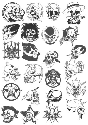 Collection of 24 Unique Black and White Skull Illustrations Free Vector