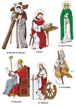 Illustrations of Six Christian Saints with Symbols Free Vector