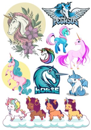 Collection of Colorful Unicorn and Pegasus Vector Illustrations Free Vector
