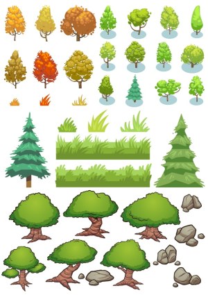 Cartoon Style Seasonal Trees, Grass, and Rocks Vector Set Free Vector