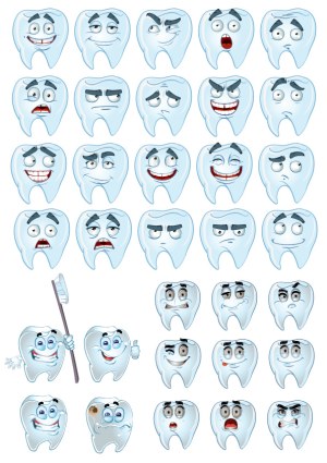 Cartoon Teeth Characters with Various Facial Expressions and Dental Themes Free Vector