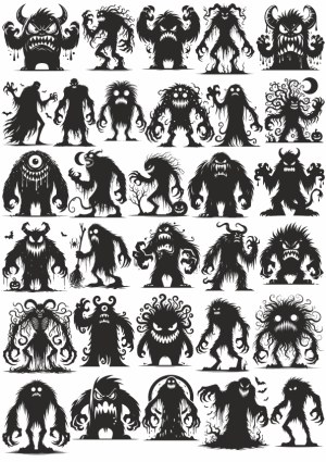 Collection of Black Silhouette Halloween Monsters and Creatures Free Vector