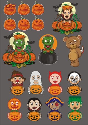 Halloween Trick-or-Treat Characters and Pumpkin Faces Vector Collection Free Vector