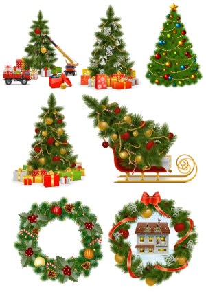 Christmas Holiday Decorations Set with Trees, Wreaths, Gifts, and Sleigh Free Vector
