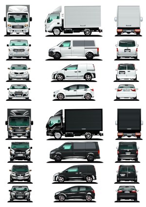 Vector Illustrations of White and Black Delivery Trucks and Vans from Multiple Views Free Vector