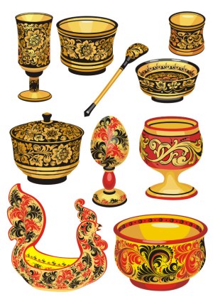 Traditional Russian Khokhloma Painted Tableware and Decorative Items Free Vector