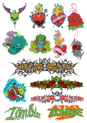 Tattoo Style Hearts, Skulls, Roses, and Zombie Text Vector Collection Free Vector