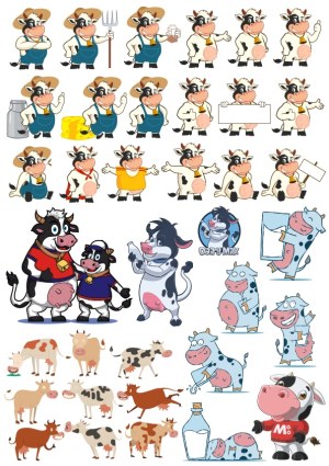 Collection of Cartoon Cow Characters and Dairy-Themed Illustrations Free Vector