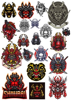 Collection of Detailed Samurai Helmet and Warrior Vector Illustrations Free Vector