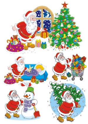 Santa Claus Activities with Christmas Tree and Gifts Vector Set Free Vector