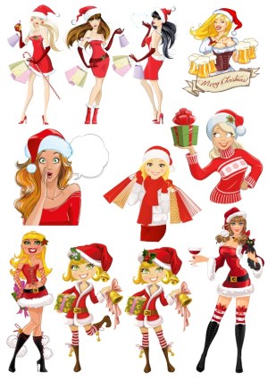 Christmas Women Characters in Festive Attire with Holiday Accessories Free Vector